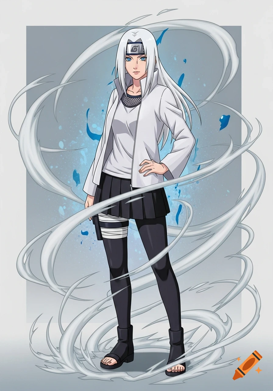 An anime-style female character with long white hair, blue eyes, a white jacket, black skirt, and sandals, surrounded by swirling white and blue energy.