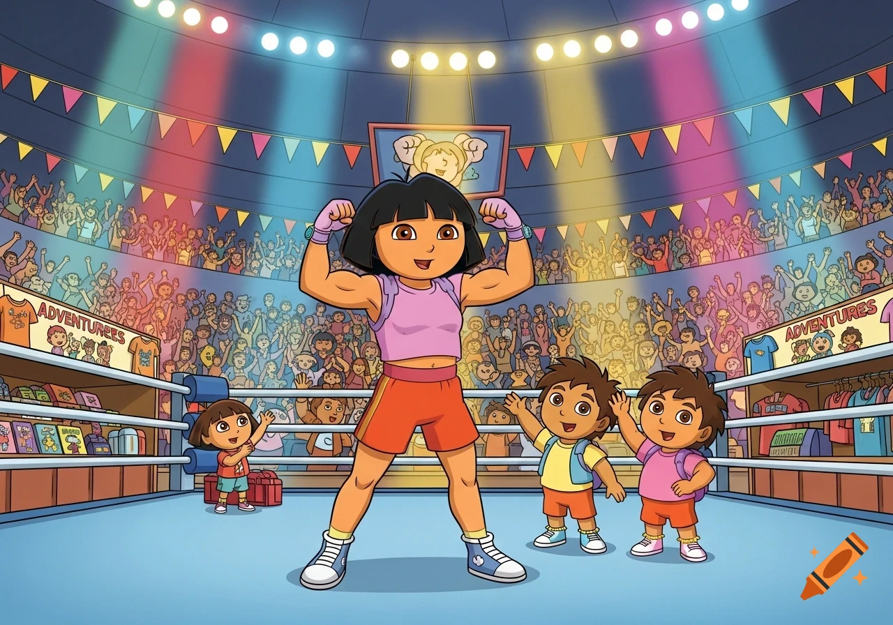 Cartoon Dora the Explorer, with exaggerated muscles, flexes in a boxing ring, cheered by Diego, another child, and a large crowd.