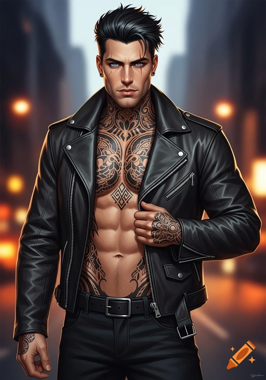 A stylized, muscular man with black hair, blue eyes, a scar, and extensive chest and arm tattoos, wearing an open black leather jacket.
