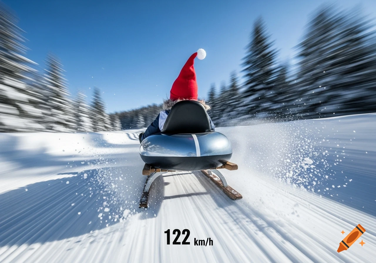 Person in a red gnome hat sledding down a snowy slope, with '122 km/h' displayed, motion blur, winter forest.