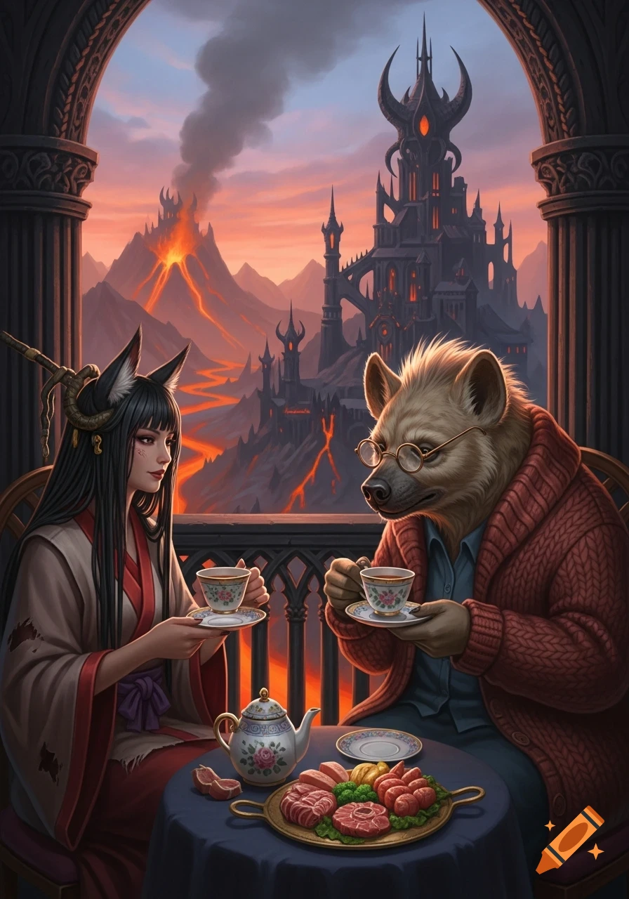 A kitsune woman and a hyena-like creature have tea and raw meat on a balcony overlooking a volcanic landscape and a dark castle at sunset, in a fantasy art style.