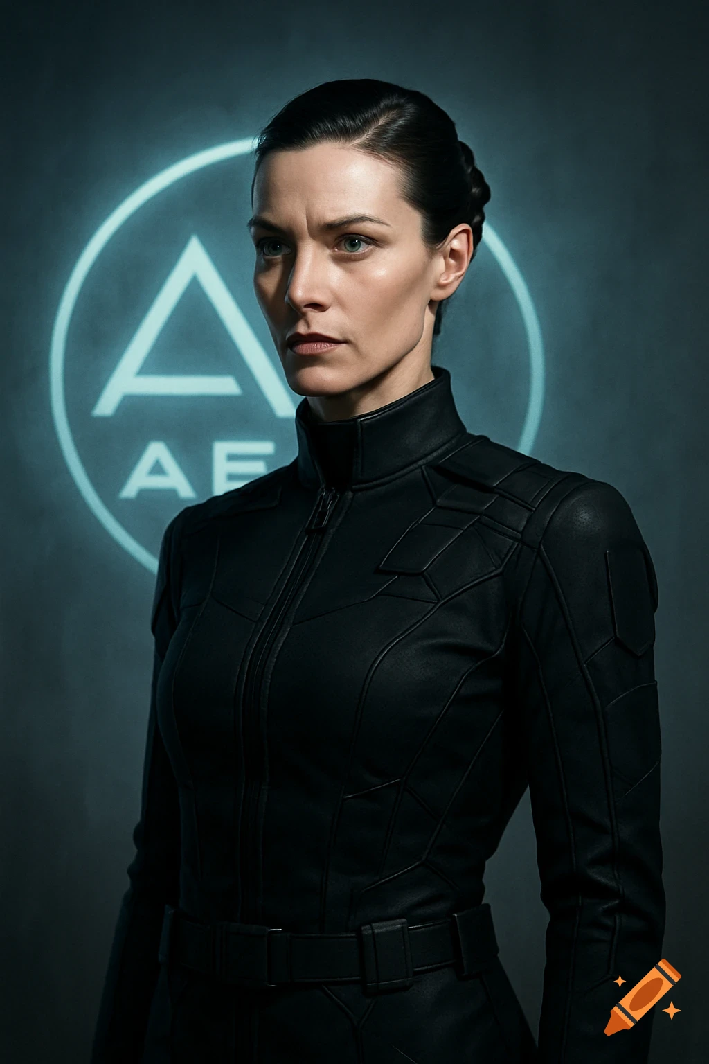 A serious woman with dark hair and blue eyes wears a black tactical suit, standing before a glowing holographic emblem in a cinematic portrait.