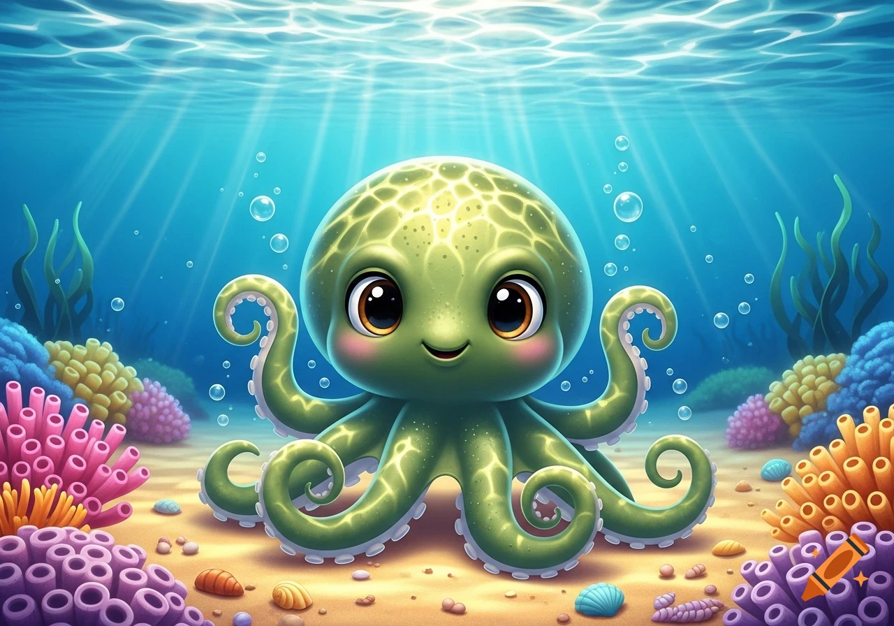 A cute green cartoon octopus with big eyes smiles on a sandy seabed surrounded by colorful coral and sunlit blue water.