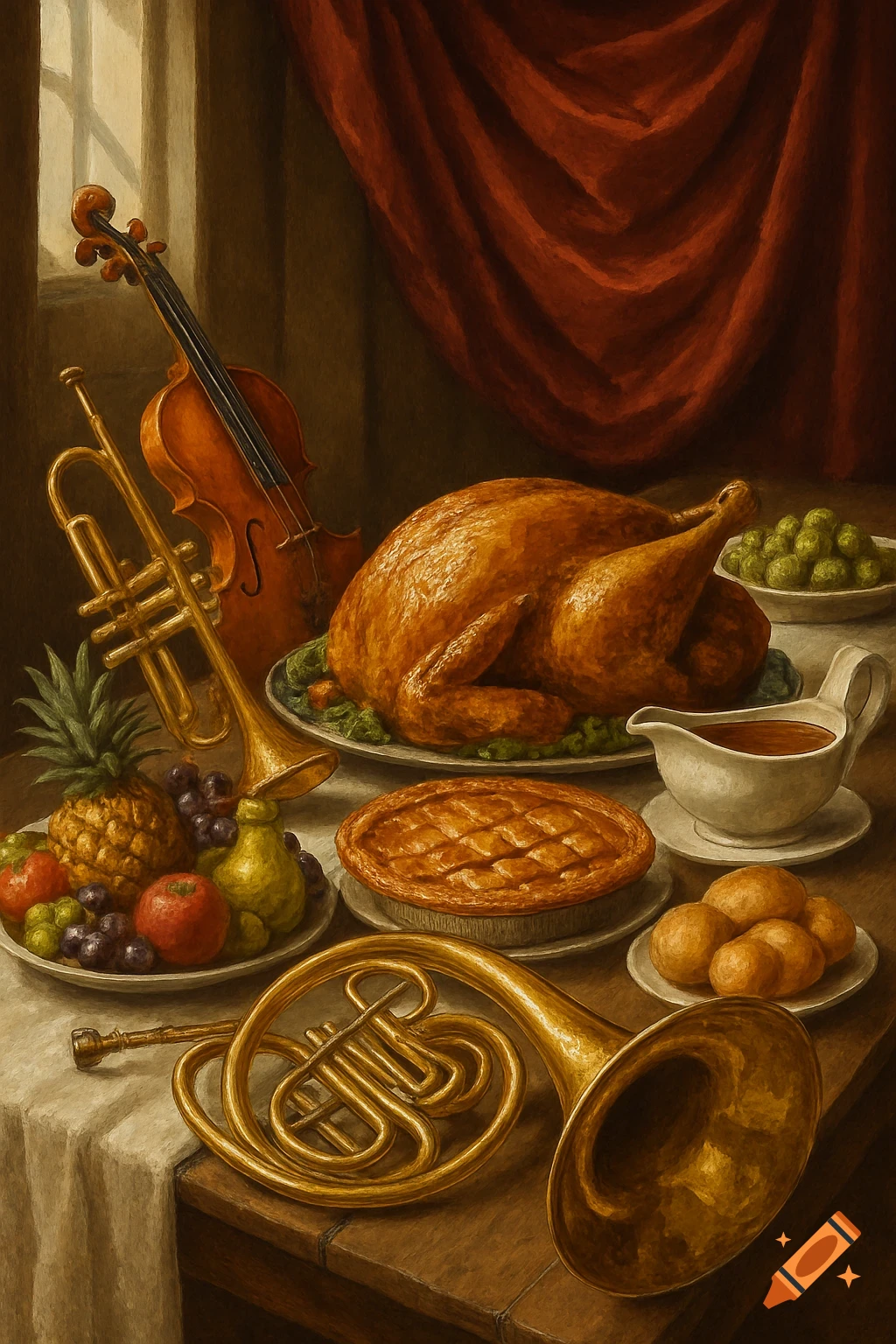 Classical still life painting of a Thanksgiving feast on a draped table with roasted turkey, pie, fruit, rolls, and brass musical instruments.