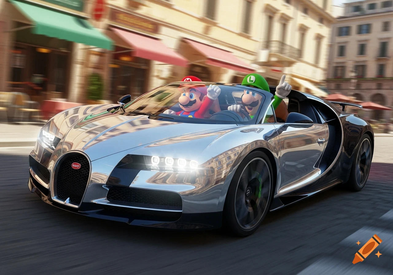 Mario and Luigi cheerfully drive a shiny silver Bugatti convertible through a city street with motion blur.