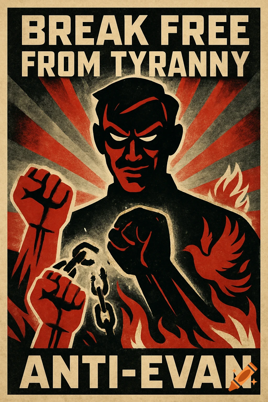 A vintage propaganda poster shows a stylized man breaking chains with a defiant expression, fire, and a dove, proclaiming 'BREAK FREE FROM TYRANNY' and 'ANTI-EVAN'.