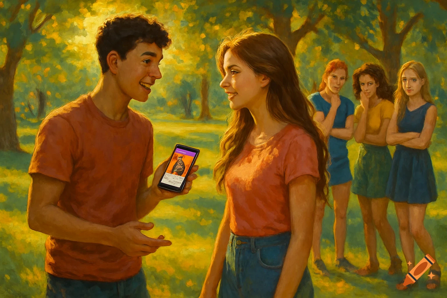A boy shows a girl his phone in a sunny park as three other girls watch them. Oil painting style.