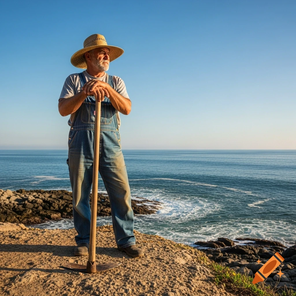 An old man in a straw hat and overalls stands on a rocky cliff overlooking the ocean, leaning on a pickaxe.