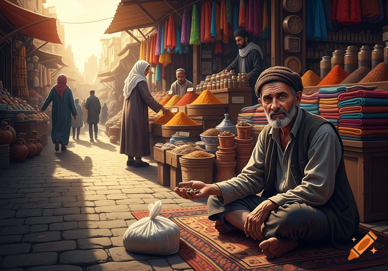 A bearded old man sits on a patterned rug, holding small items in his hand, in a sunlit, bustling outdoor market with spice and fabric stalls.