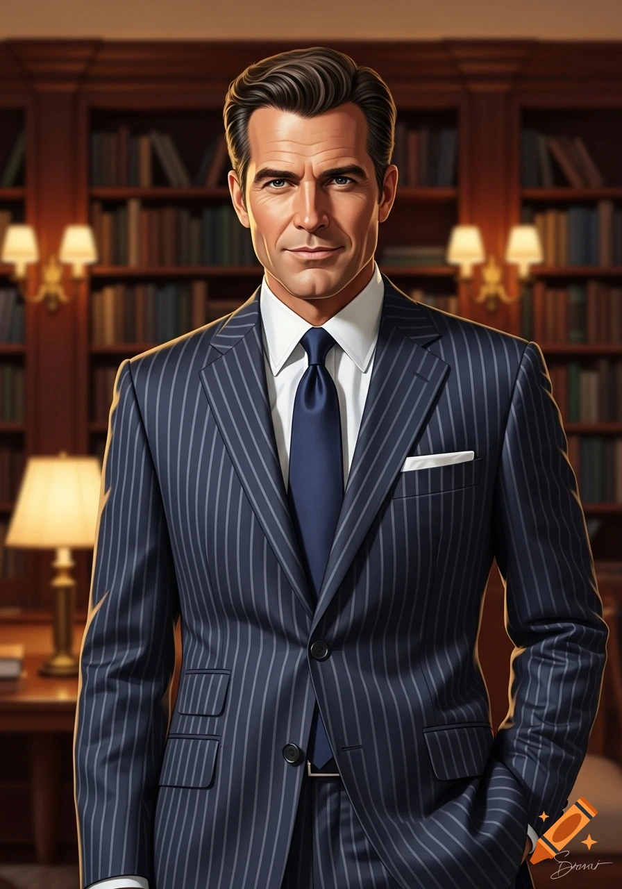 Handsome man in a pinstripe suit and blue tie stands in a library with bookshelves and lamps.