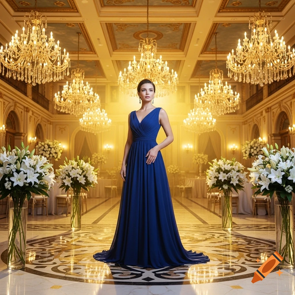 A woman in a royal blue gown stands in a grand ballroom with crystal chandeliers and white flowers, photorealistic.