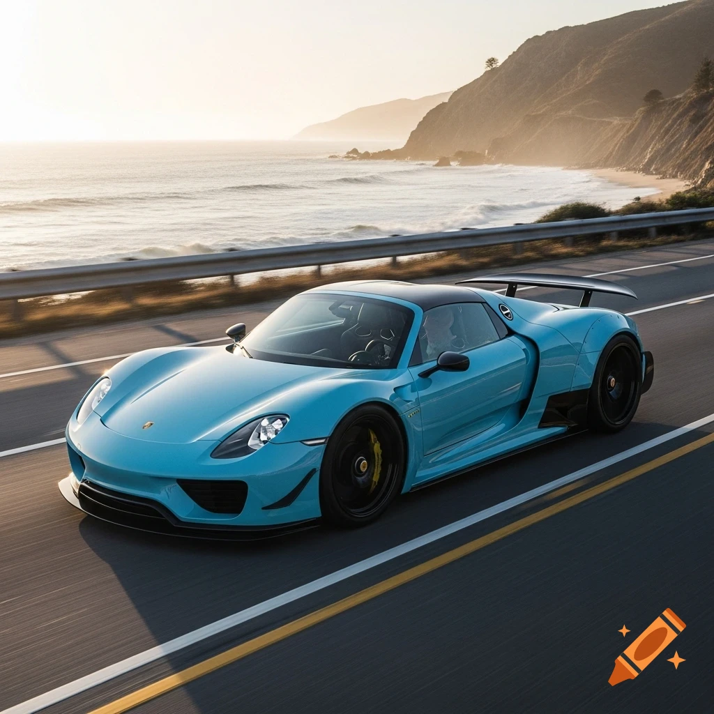 A baby blue Porsche 918 Spyder with a widebody kit drives on a coastal road at sunset, with the ocean and cliffs in the background.