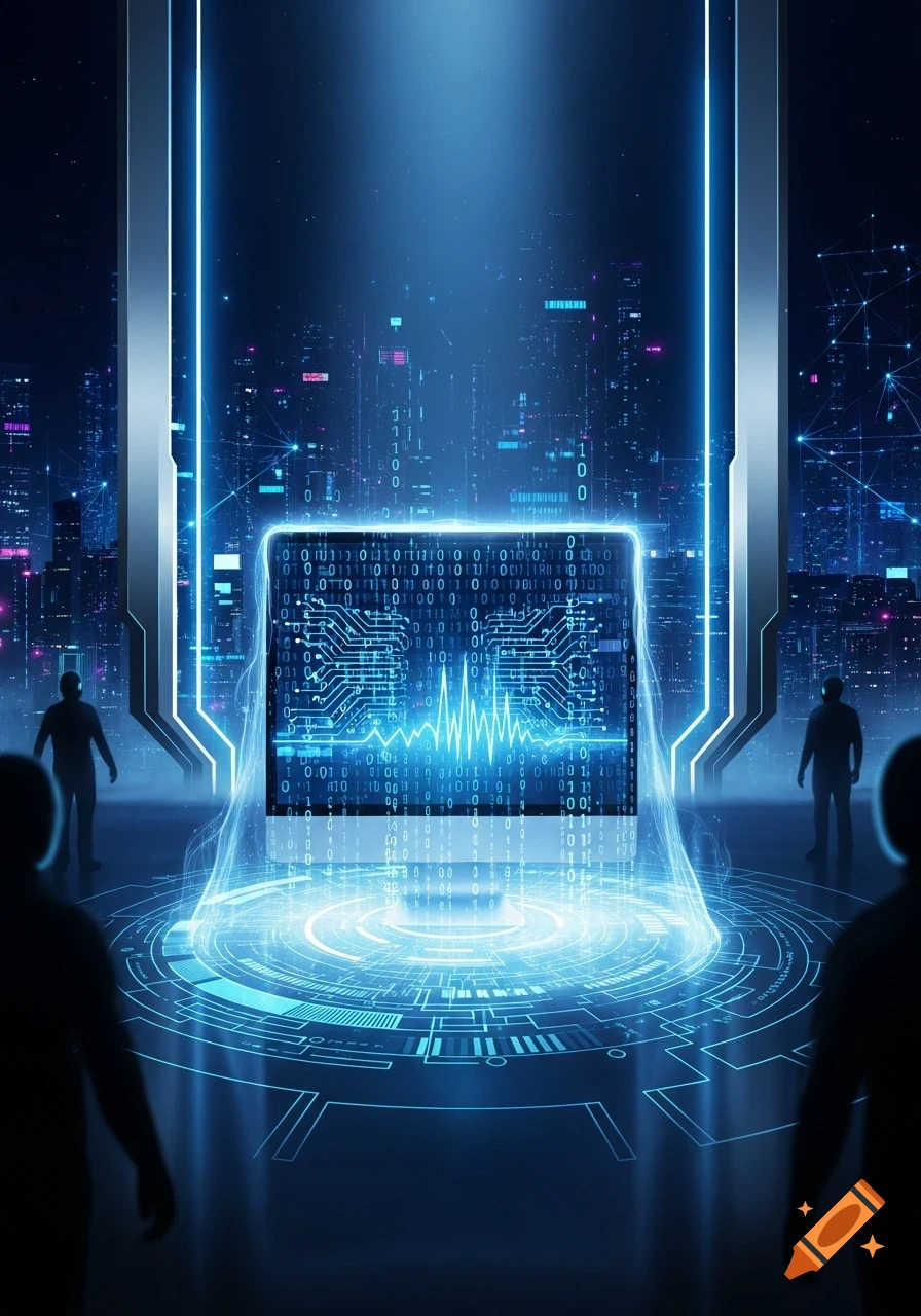 A futuristic, neon blue digital scene with binary code, circuit patterns, and silhouetted figures looking at a glowing central display.