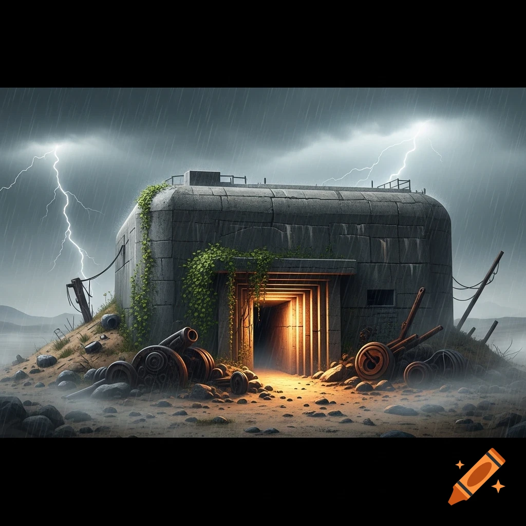 A rugged concrete bunker with a glowing entrance on a desolate, rocky landscape during a severe thunderstorm with lightning and heavy rain.