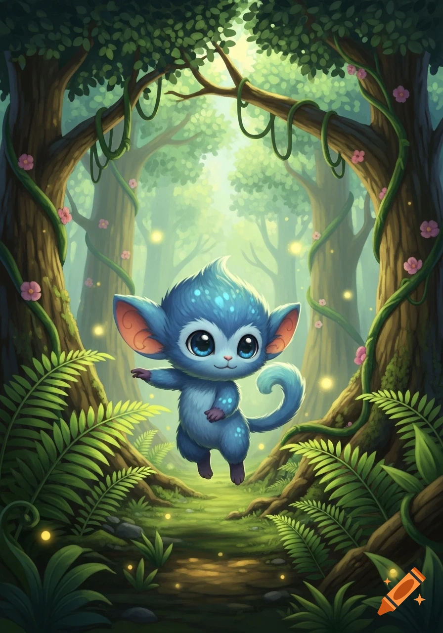 A cute, blue, fluffy creature with big eyes and ears jumps in a mystical forest with glowing fireflies, illustration.