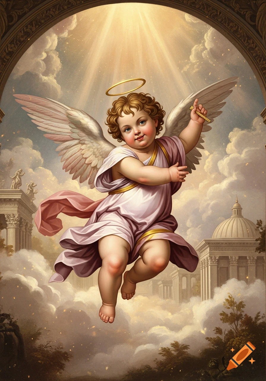 A chubby Renaissance-style cherub floats in the clouds, bathed in golden light, holding a key, with classical architecture below.