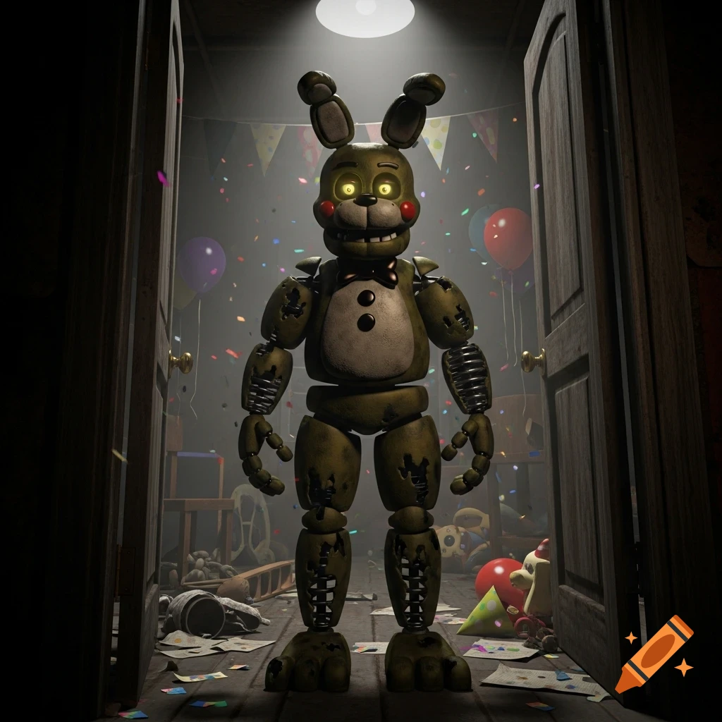 An animatronic rabbit with glowing yellow eyes, resembling Spring Bonnie from Five Nights at Freddy's, stands in a dimly lit, confetti-strewn party room.