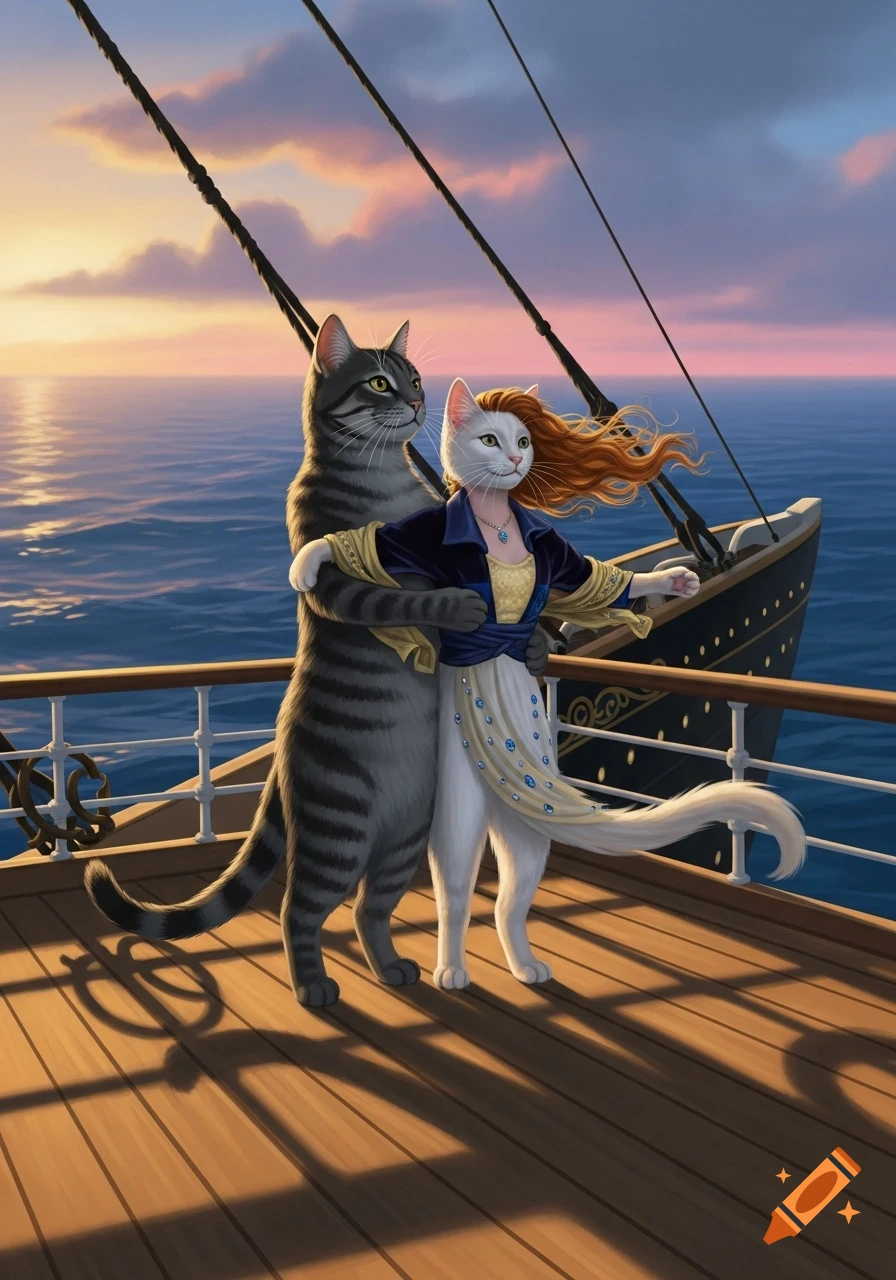 Two anthropomorphic cats, one grey and one white with red hair, stand on a ship's deck at sunset, recreating a famous romantic pose.