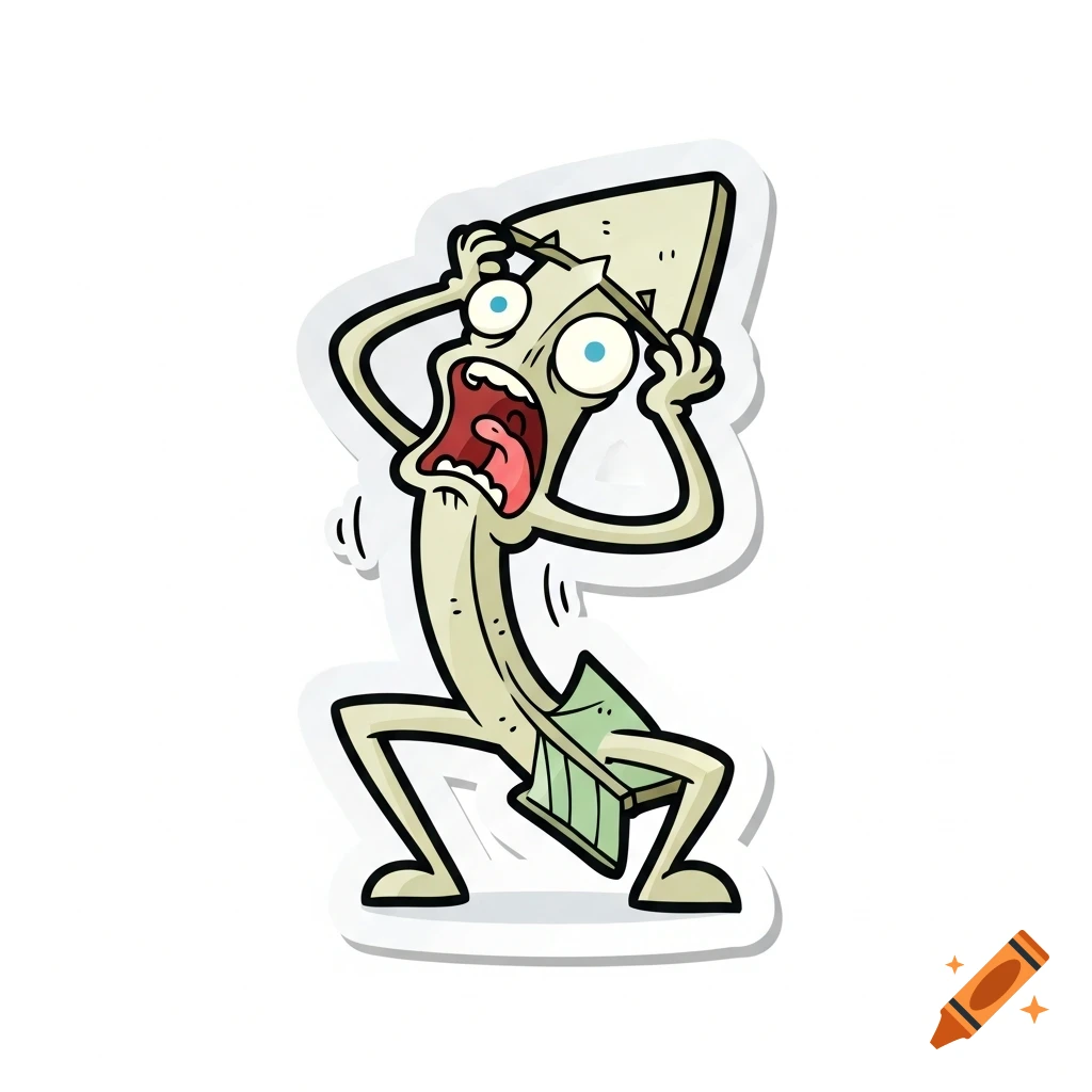 A cartoon sticker of an anthropomorphic arrow holding its head in panic and screaming with a wide-open mouth.