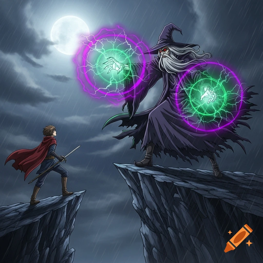 Anime illustration of a wizard casting spells at a warrior with a sword on cliffs in the rain under a full moon.