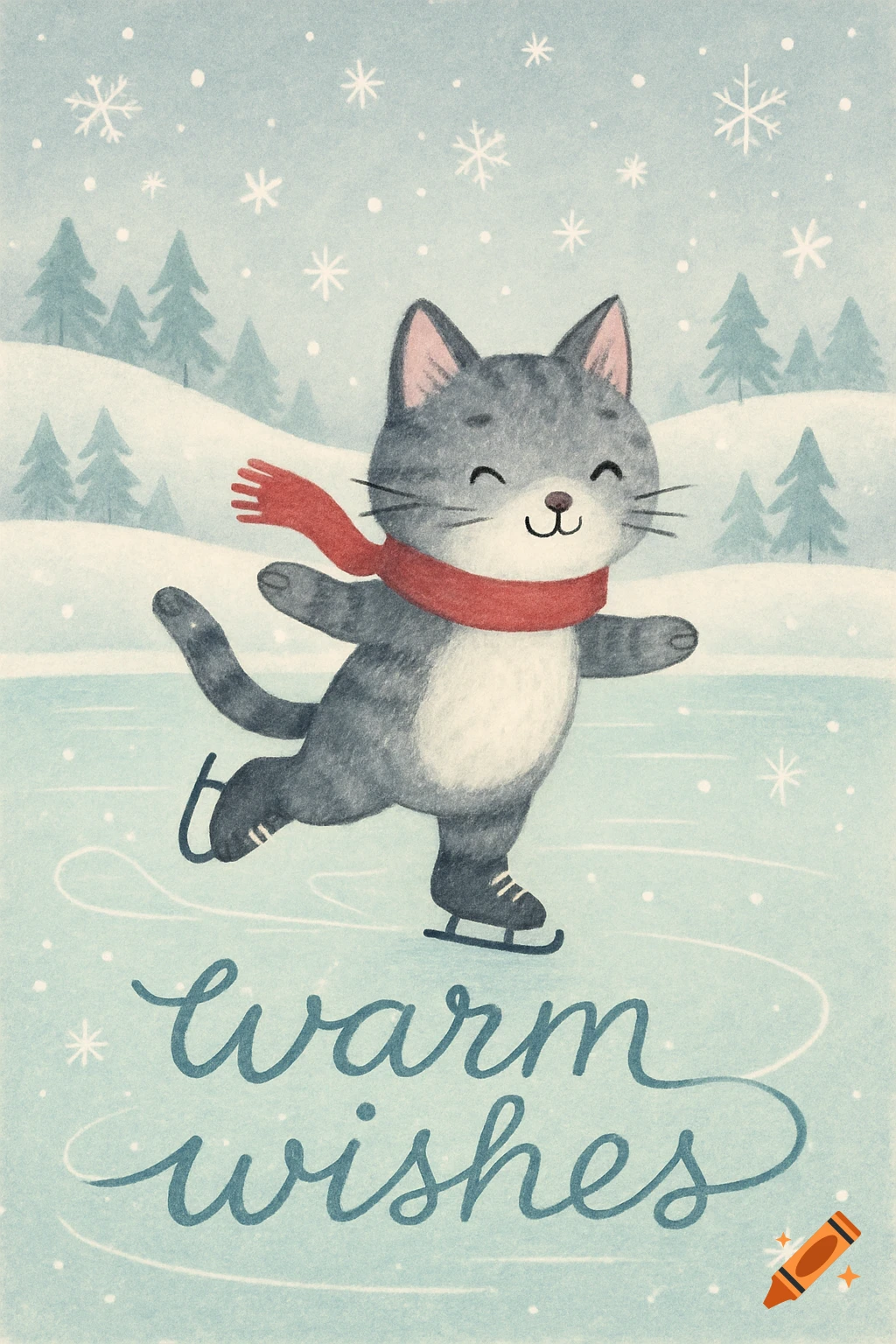A cute gray cat with a white stomach ice skating, leaving 'warm wishes' trails on the ice in a snowy winter watercolor illustration.