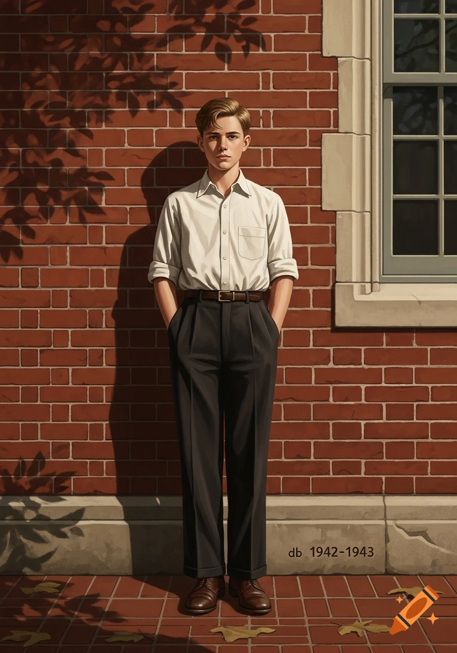 A young man in 1940s clothing stands against a brick wall with leaf shadows, next to a window, in a stylized illustration.