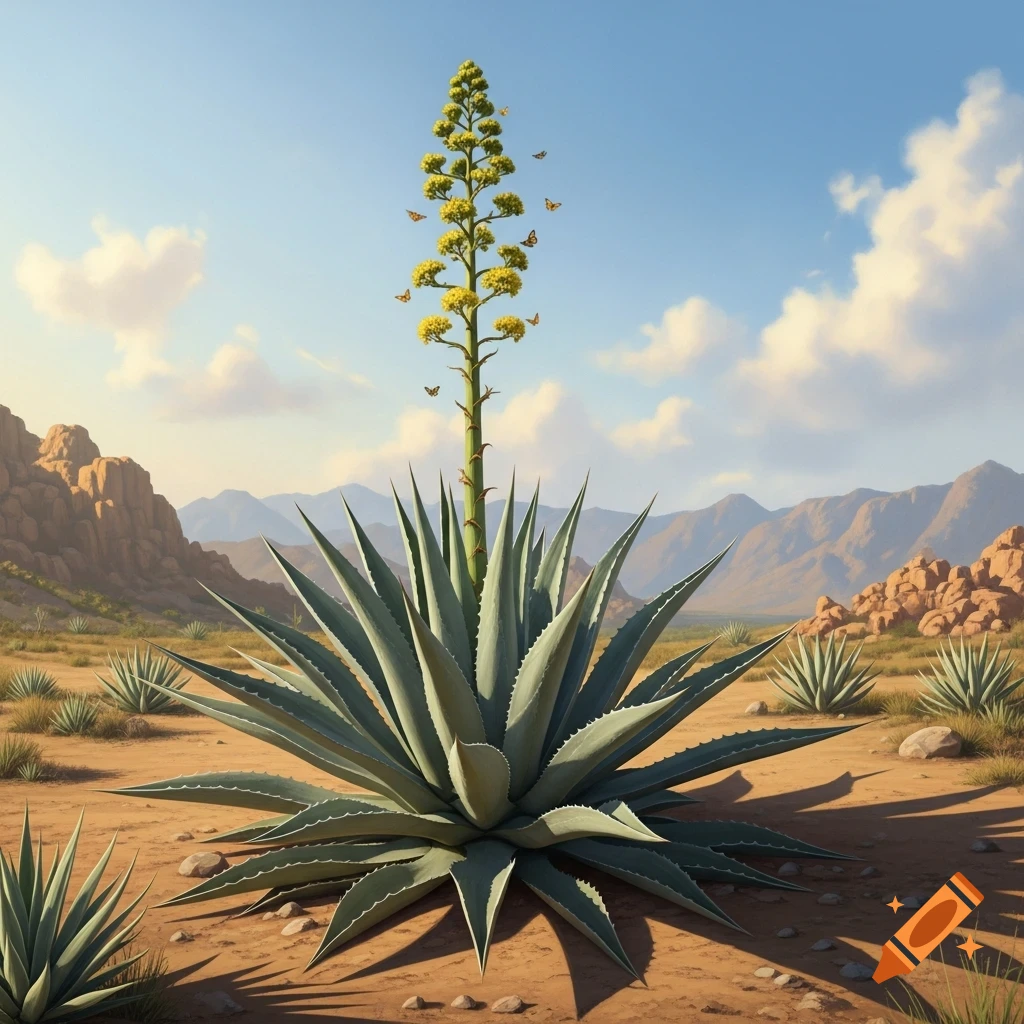 A large agave plant with a tall flowering stalk and yellow blossoms, surrounded by butterflies in a desert landscape with mountains under a blue sky.