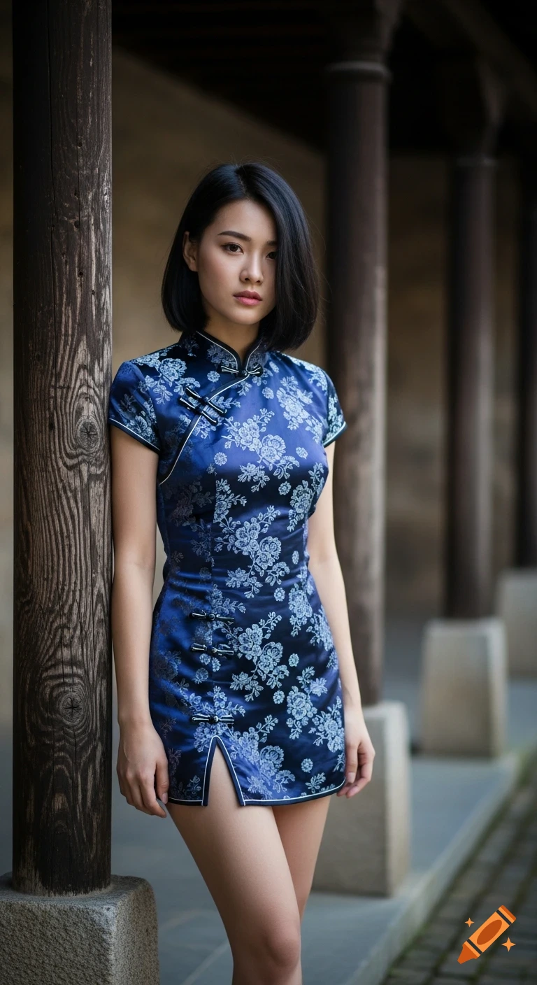 A young Asian woman with short dark hair in a blue floral cheongsam with a high slit, leaning against a wooden pillar outdoors.