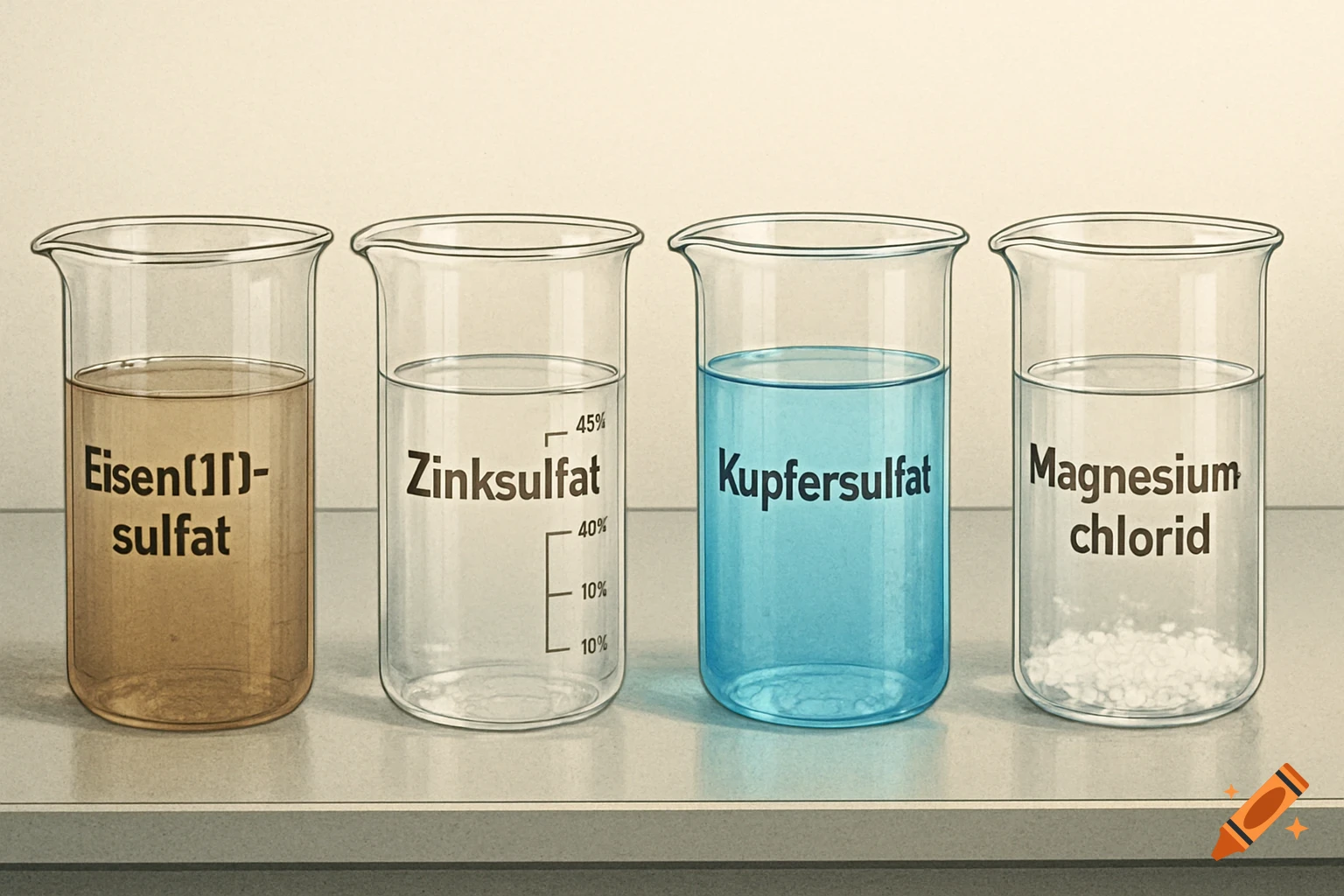 Four labeled beakers on a counter: Eisen(II)-sulfat solution (brown), Zinksulfat solution (clear with percentage markings), Kupfersulfat solution (blue), and Magnesium chlorid (clear with white solid).