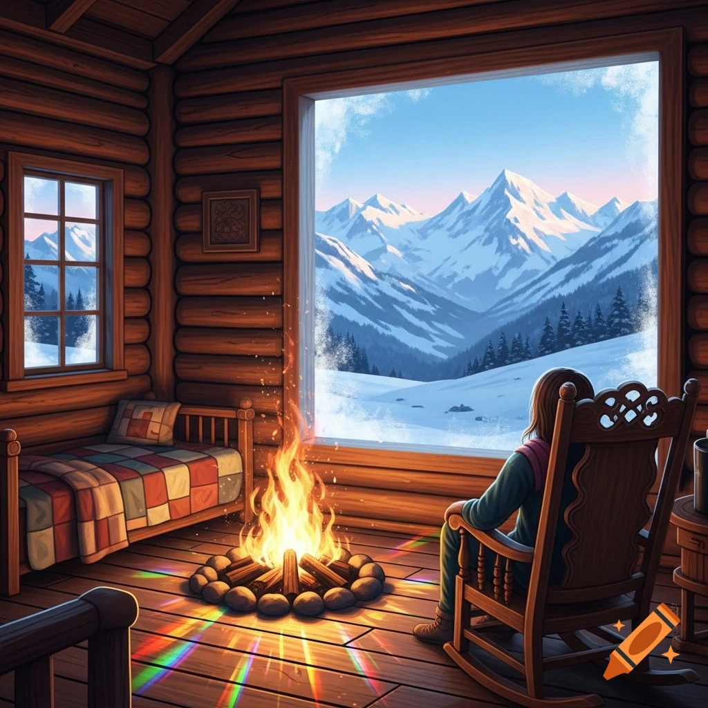 Person in a log cabin by a rainbow fire, looking out a window at snowy mountains, in an illustrated style.