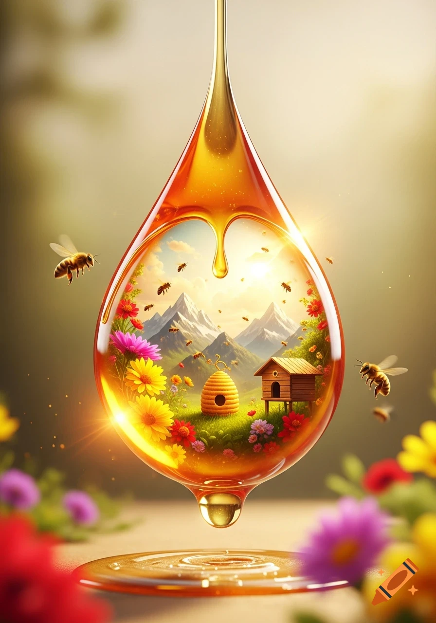 A hyper-realistic conceptual image of a honey drop, containing a miniature world with mountains, a beehive, bees, flowers, and sunlight.
