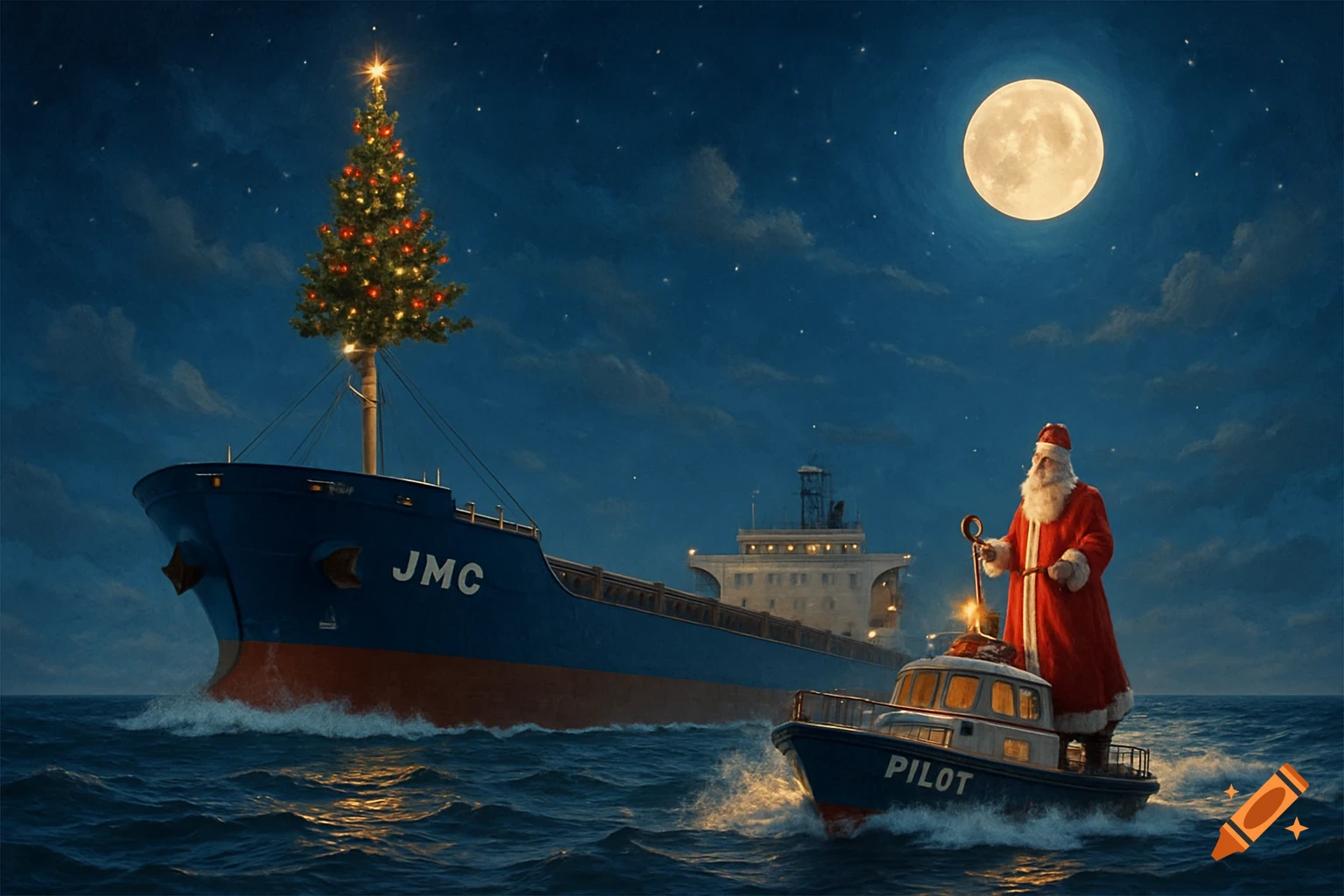 A cargo ship named JMC with a Christmas tree on its mast sails at night, accompanied by a pilot boat with Santa Claus, under a full moon.