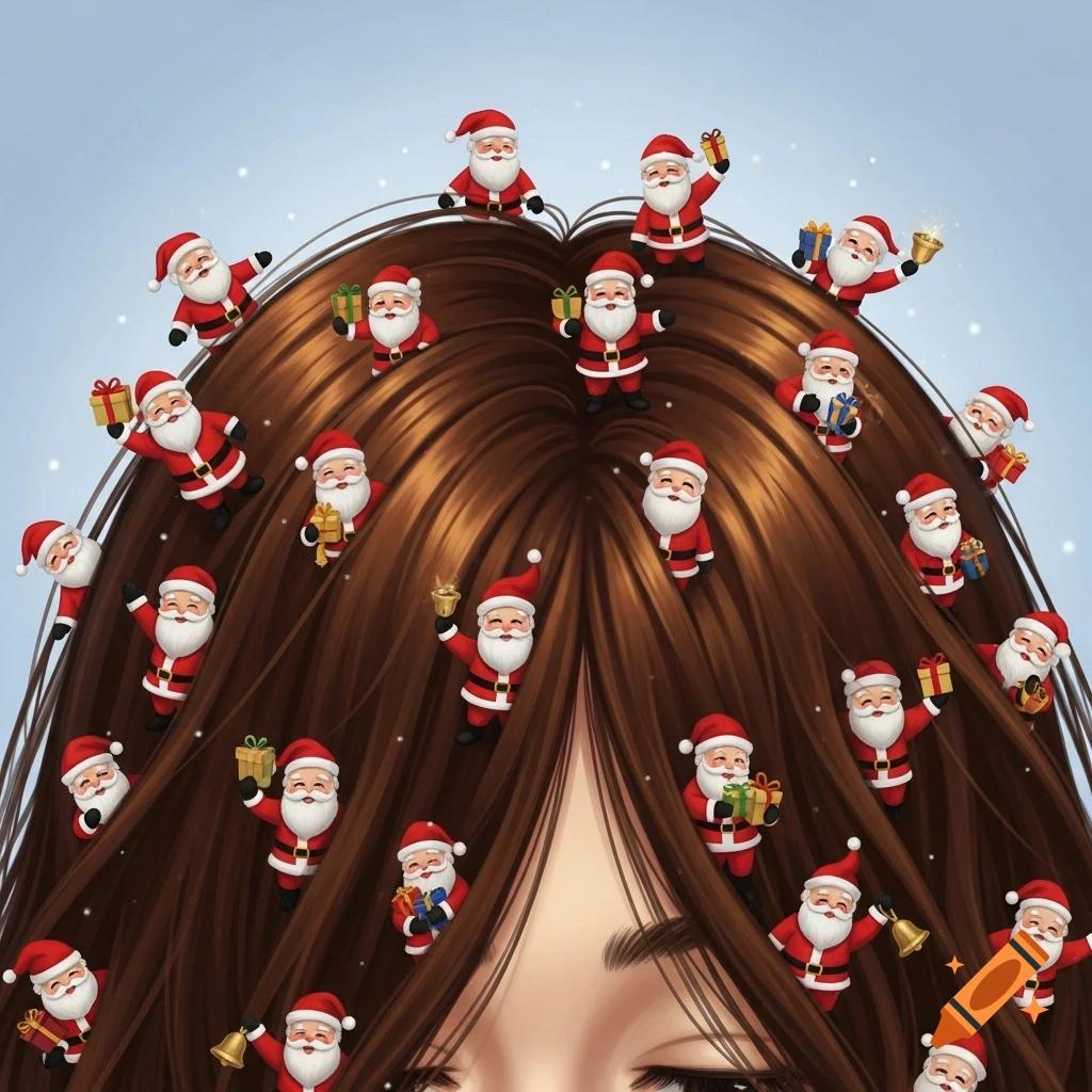 Stylized illustration of a person's head with long brown hair filled with many small Santa Claus figures holding gifts and bells against a blue sky.