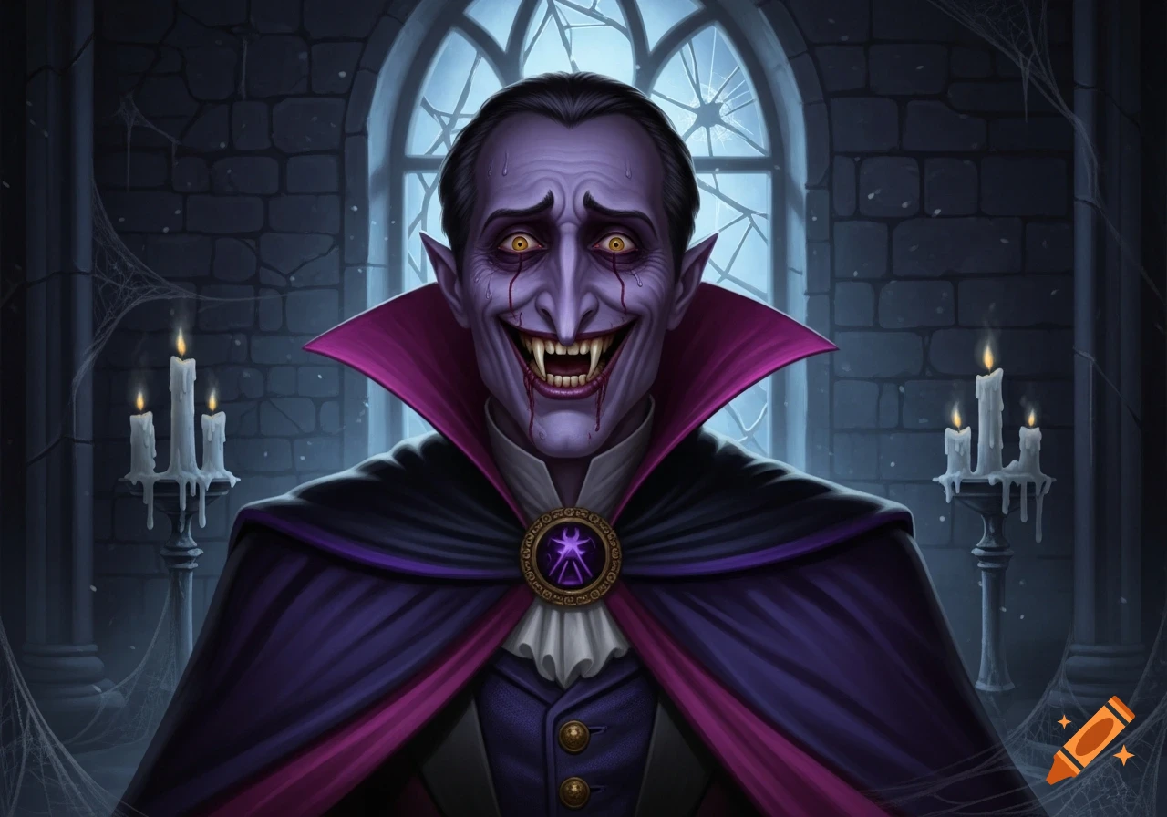 A stylized vampire with a pale purple face, fangs, and dripping blood, wearing a black and purple cape in a gothic castle.