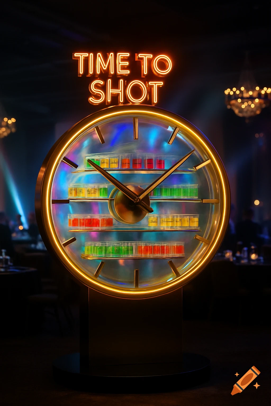 A giant luxury clock installation with a golden LED rim, holding colorful chaser shots inside, under a 'TIME TO SHOT' neon sign in a dark nightclub.