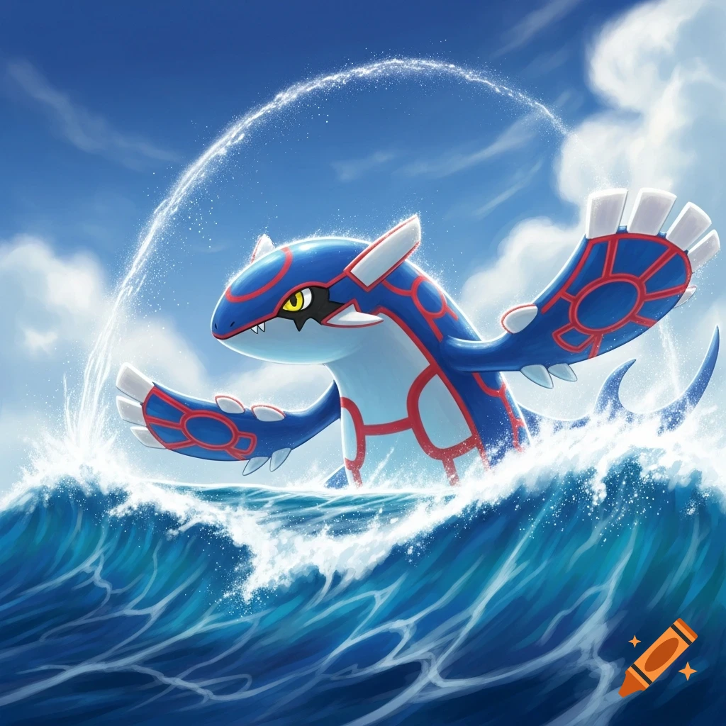 Kyogre, a large blue and red whale-like Pokemon, breaches from rough ocean waves under a bright blue sky.