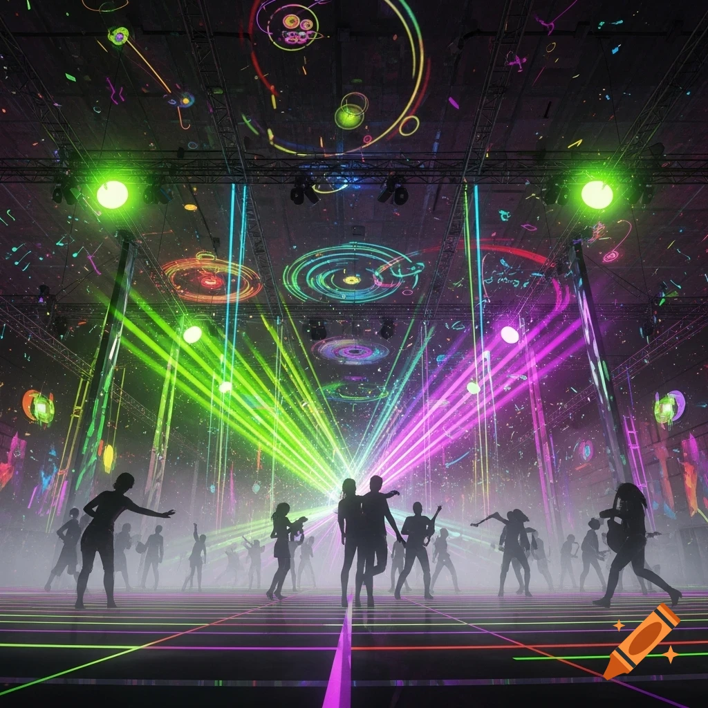 Silhouettes of people dancing in a club under vibrant green, purple, and blue laser lights with swirling patterns on the ceiling.