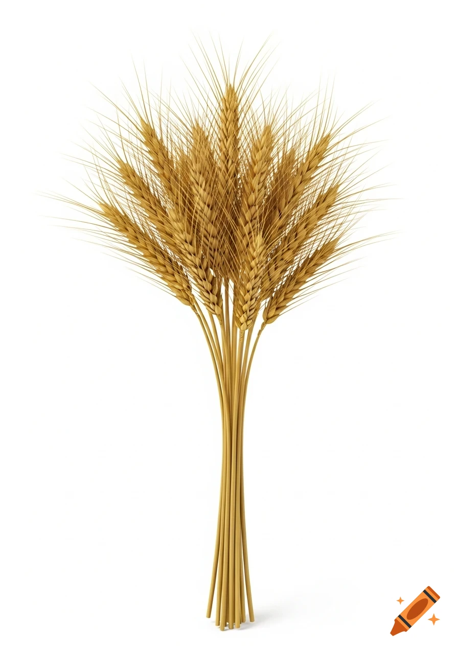 A detailed illustration of a bundle of golden wheat stalks with long awns, against a white background.