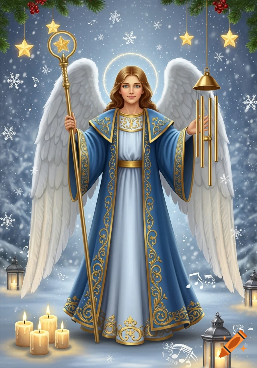 A serene angel in a blue and gold robe holds a staff and wind chimes in a snowy Christmas scene with candles and lanterns.