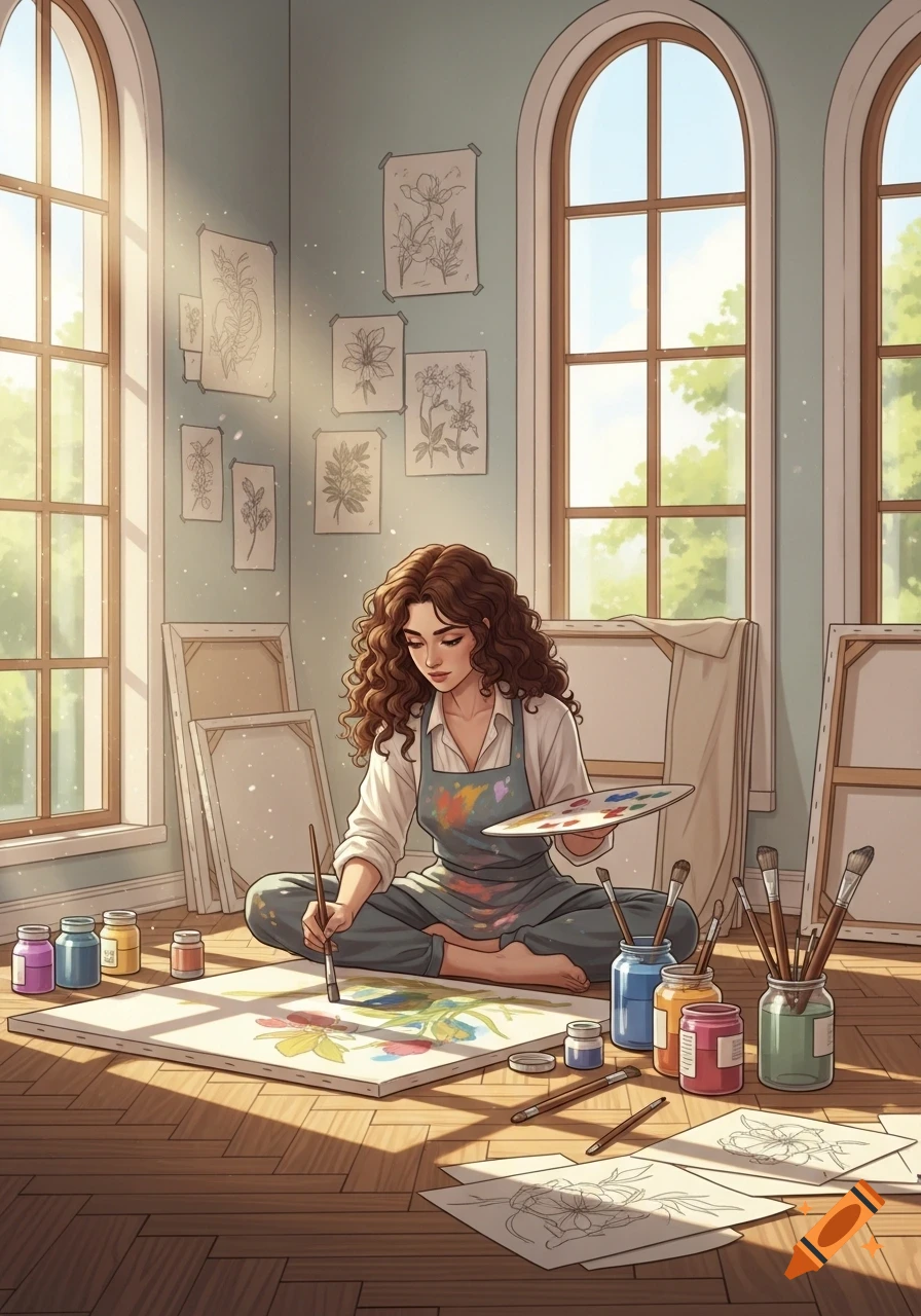 An illustrated woman with curly hair paints on a canvas in a sunny art studio, surrounded by art supplies and large arched windows.