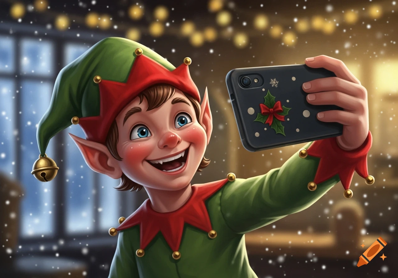 A smiling cartoon Christmas elf with rosy cheeks takes a selfie with a phone decorated with holly, against a snowy, festive background.
