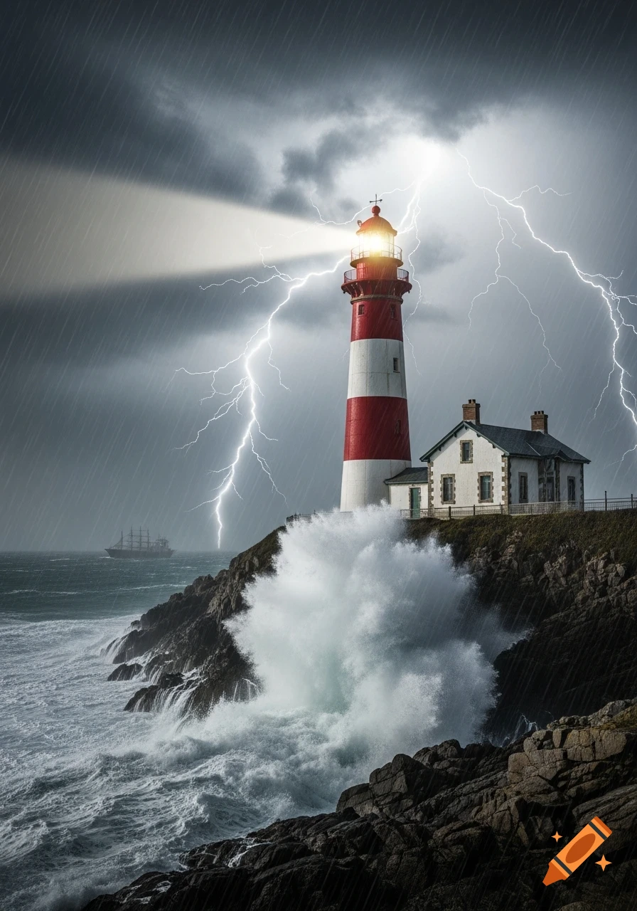 A dramatic red and white lighthouse stands on a rocky coast during a severe thunderstorm with intense lightning and crashing waves. A ship is visible in the distance.