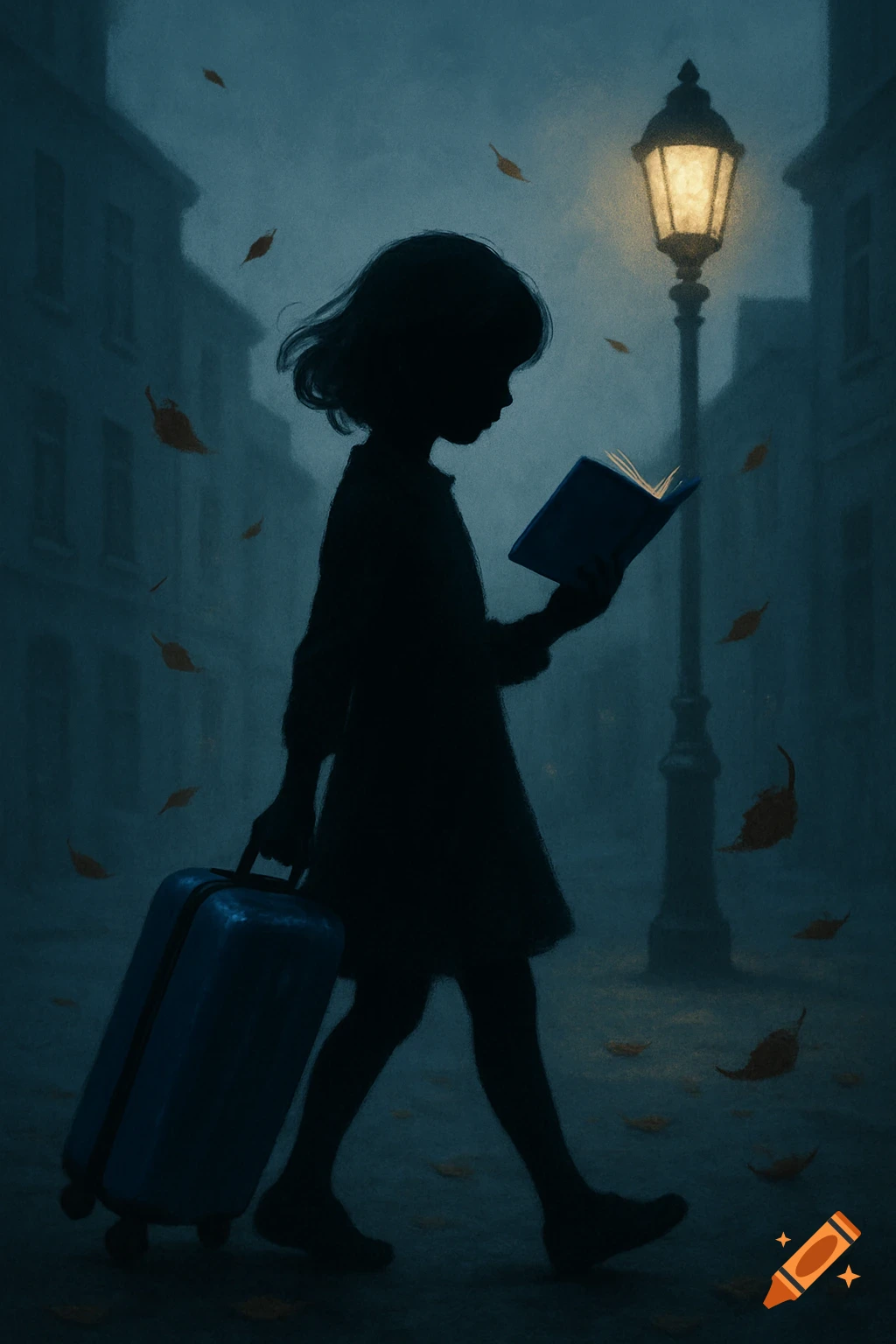 Silhouette of a girl pulling a blue suitcase and reading a glowing blue book on a foggy, leaf-strewn street at night, by a gas lamp. Illustration.