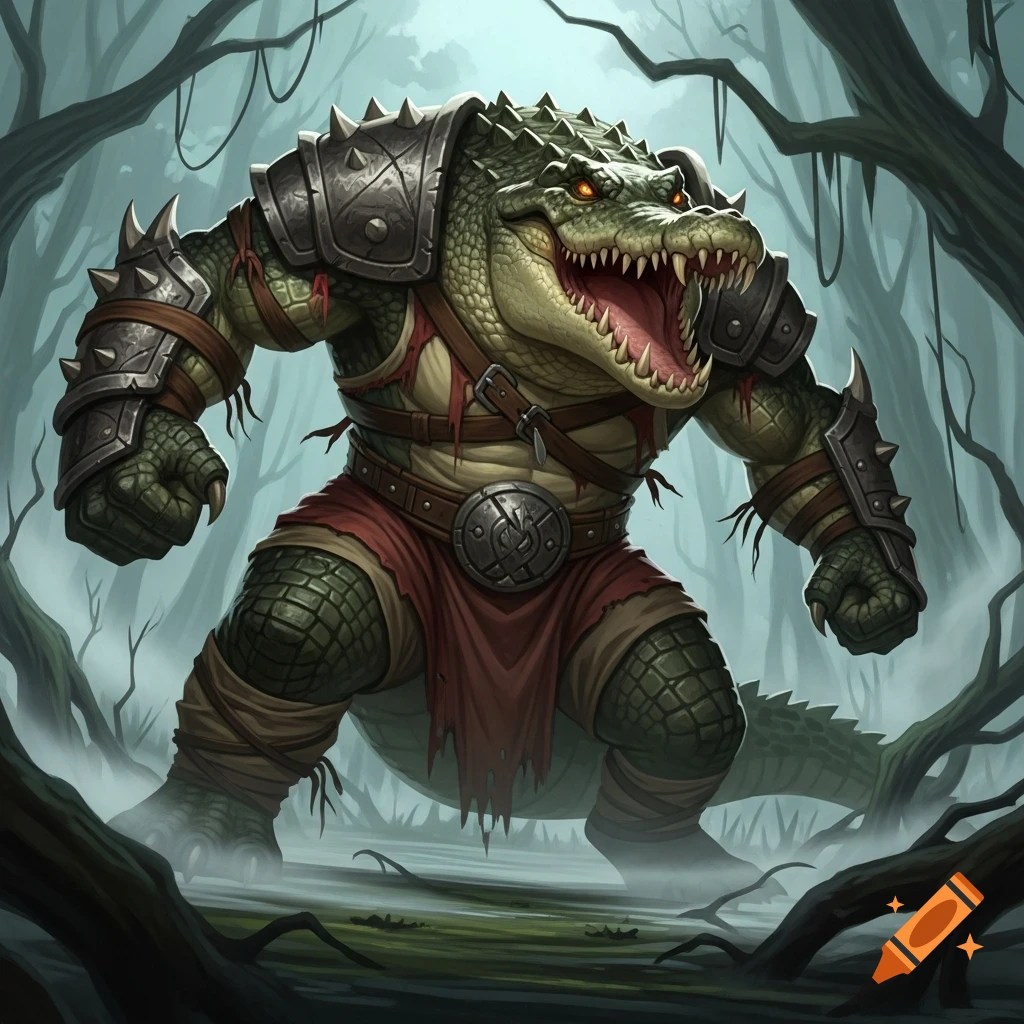 A fierce, armored crocodile creature with glowing eyes stands in a misty swamp, ready to fight.