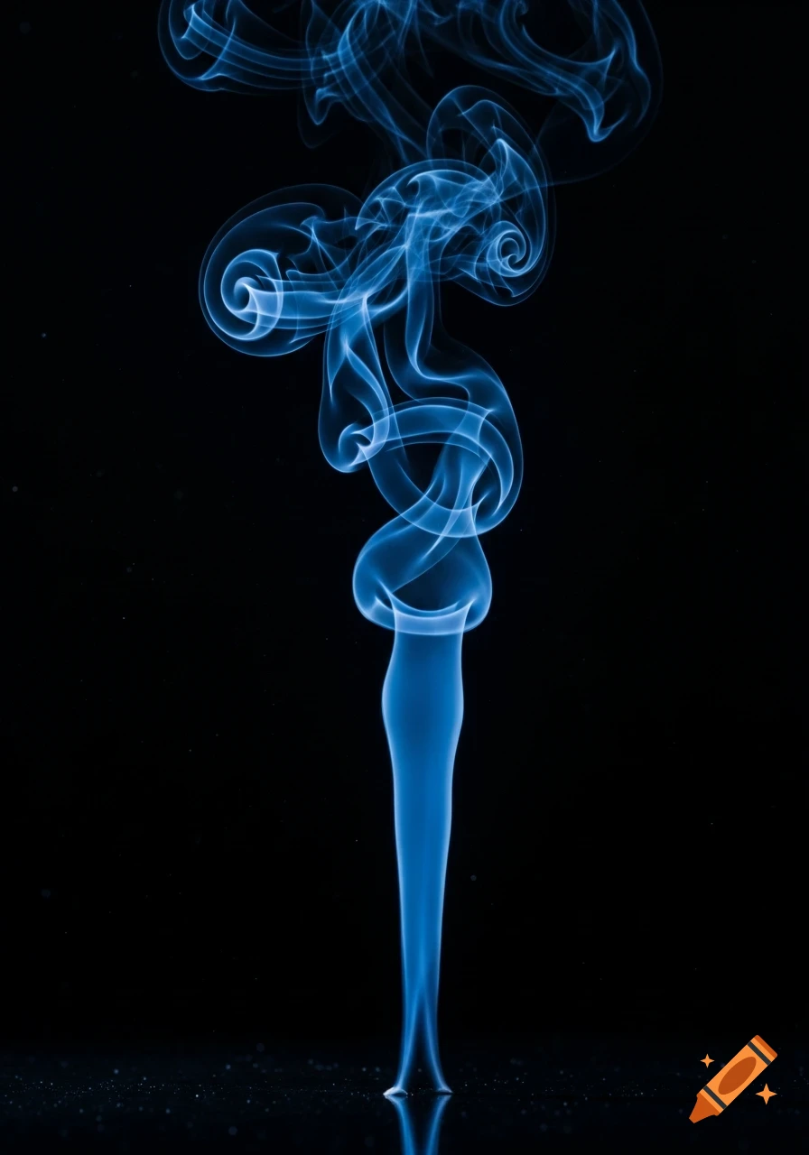 Abstract blue smoke swirling and rising from a reflective surface against a black background.
