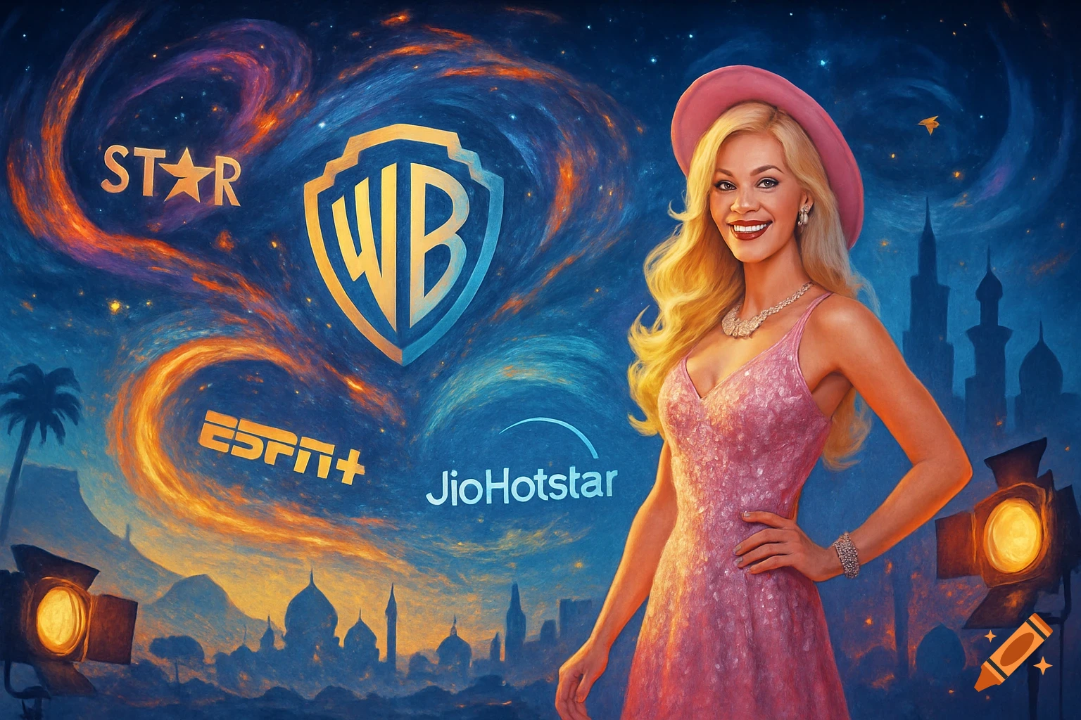 Blonde woman in pink dress and hat against a starry sky with stylized cityscapes and logos for STAR, WB, ESPN+, and JioHotstar.