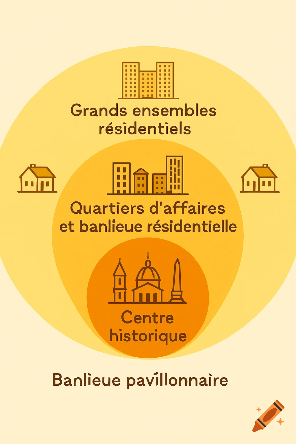 A concentric circle diagram illustrating urban zones from the historical center to the residential suburbs with corresponding building icons and French text labels.