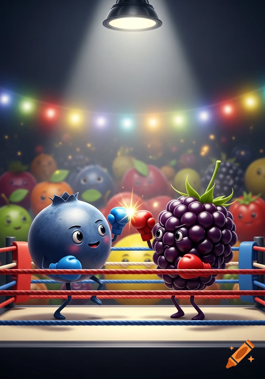 A cartoon blueberry and blackberry with boxing gloves punch each other in a spotlighted boxing ring, with other fruits watching in the background.