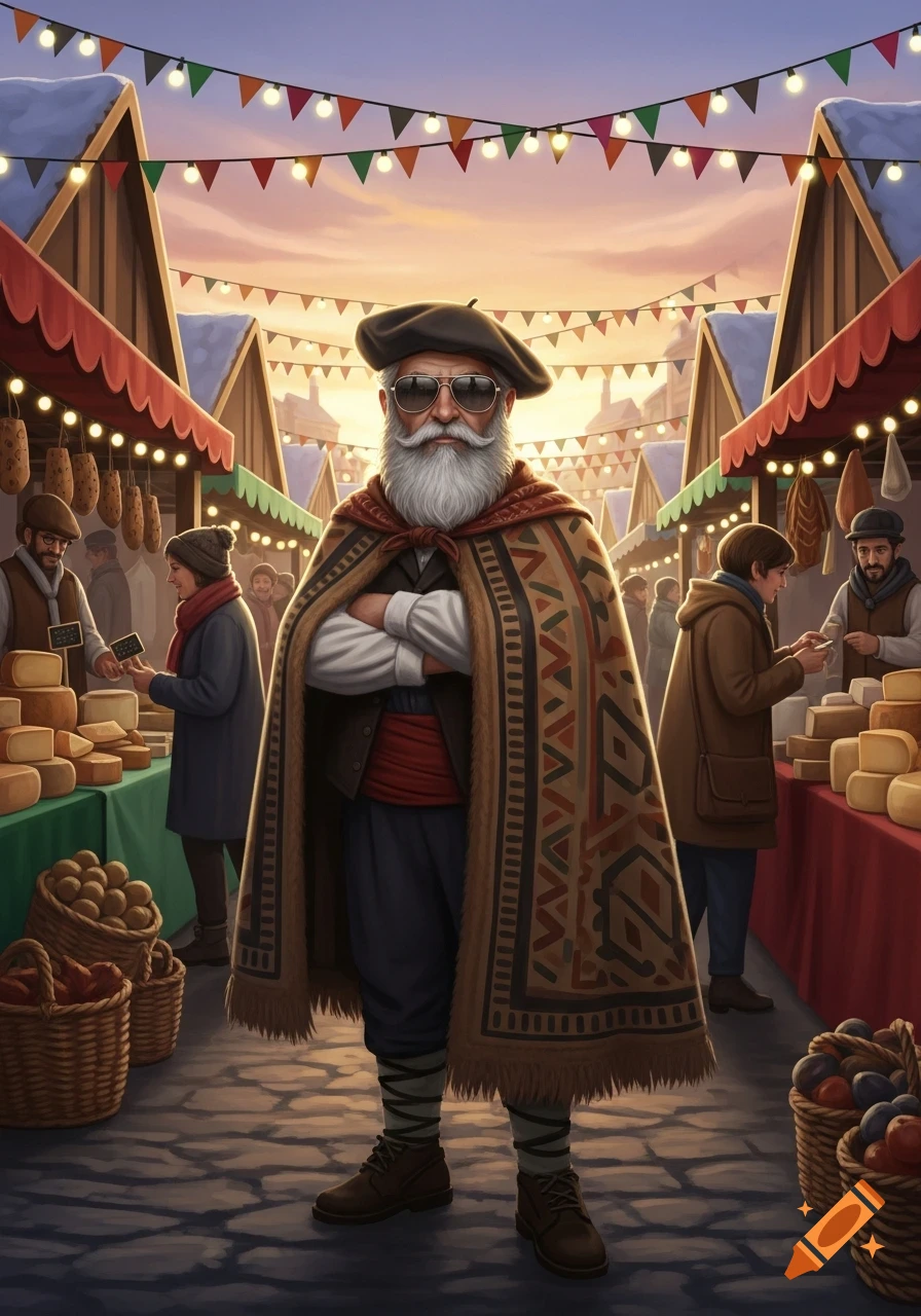 An illustrated man with a white beard, beret, and sunglasses wearing a patterned cape, standing in a festive outdoor market.