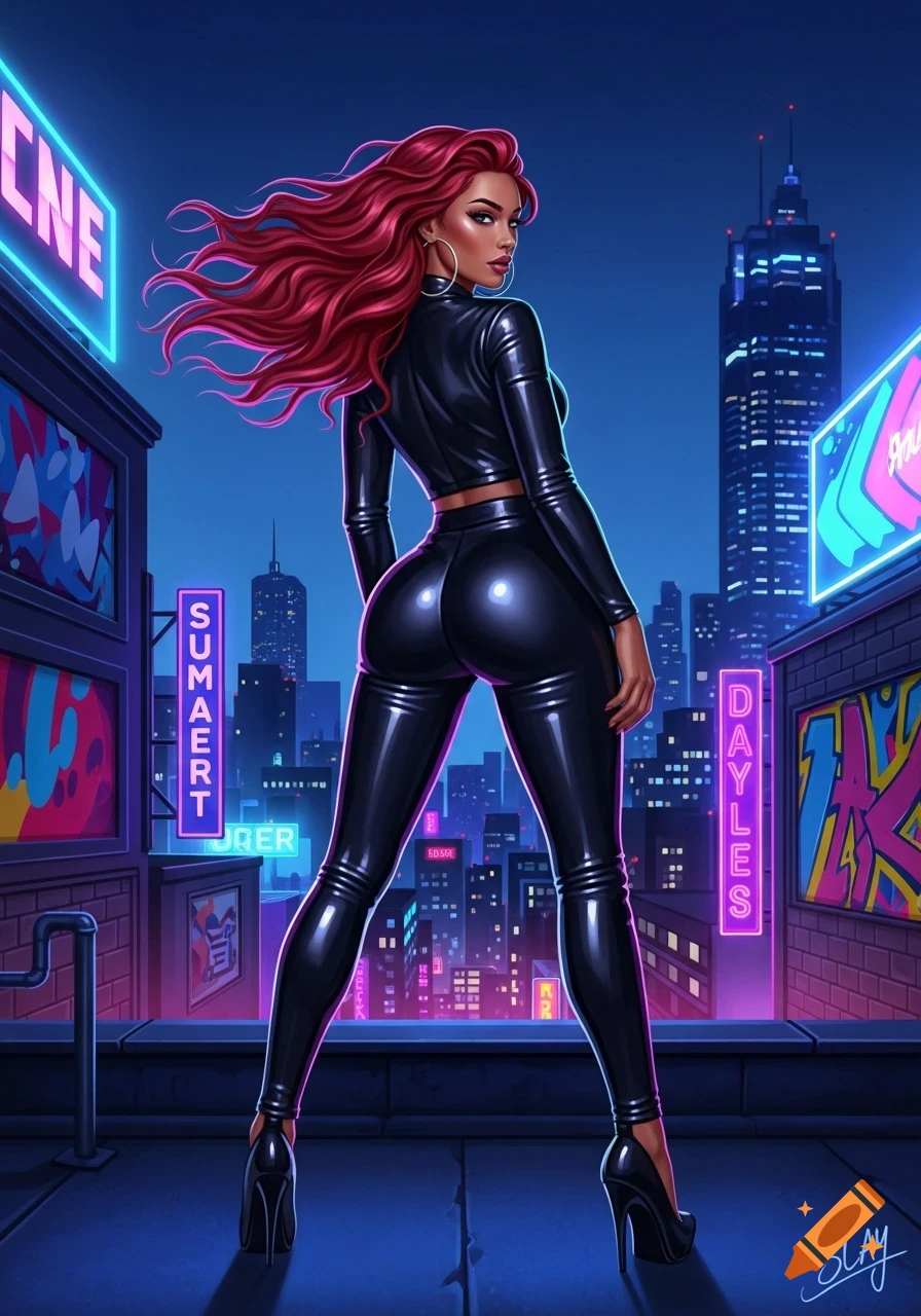 A stylized woman with long red hair, wearing a black latex crop top and ...
